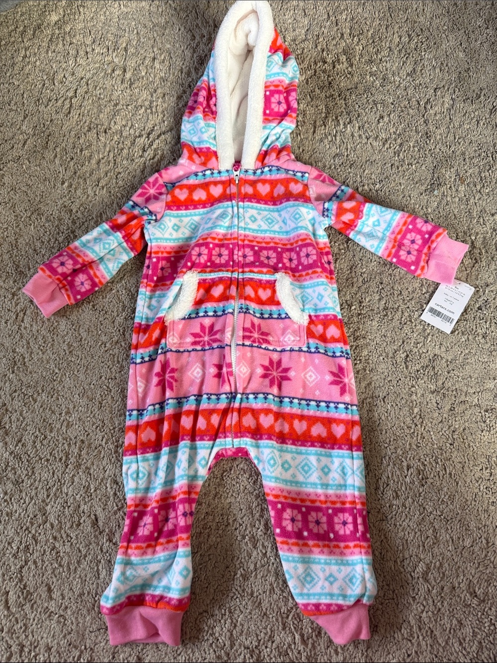 Baby Fleece Hooded Onesie - Pink Multi Pattern